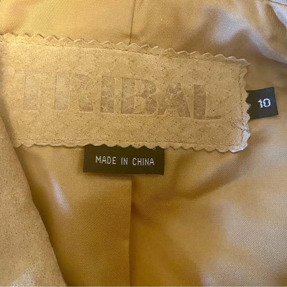 Tribal Suede Tan Leather Jacket With Gold Sequin & Beaded Trim, Womens size 10 - Picture 4 of 16